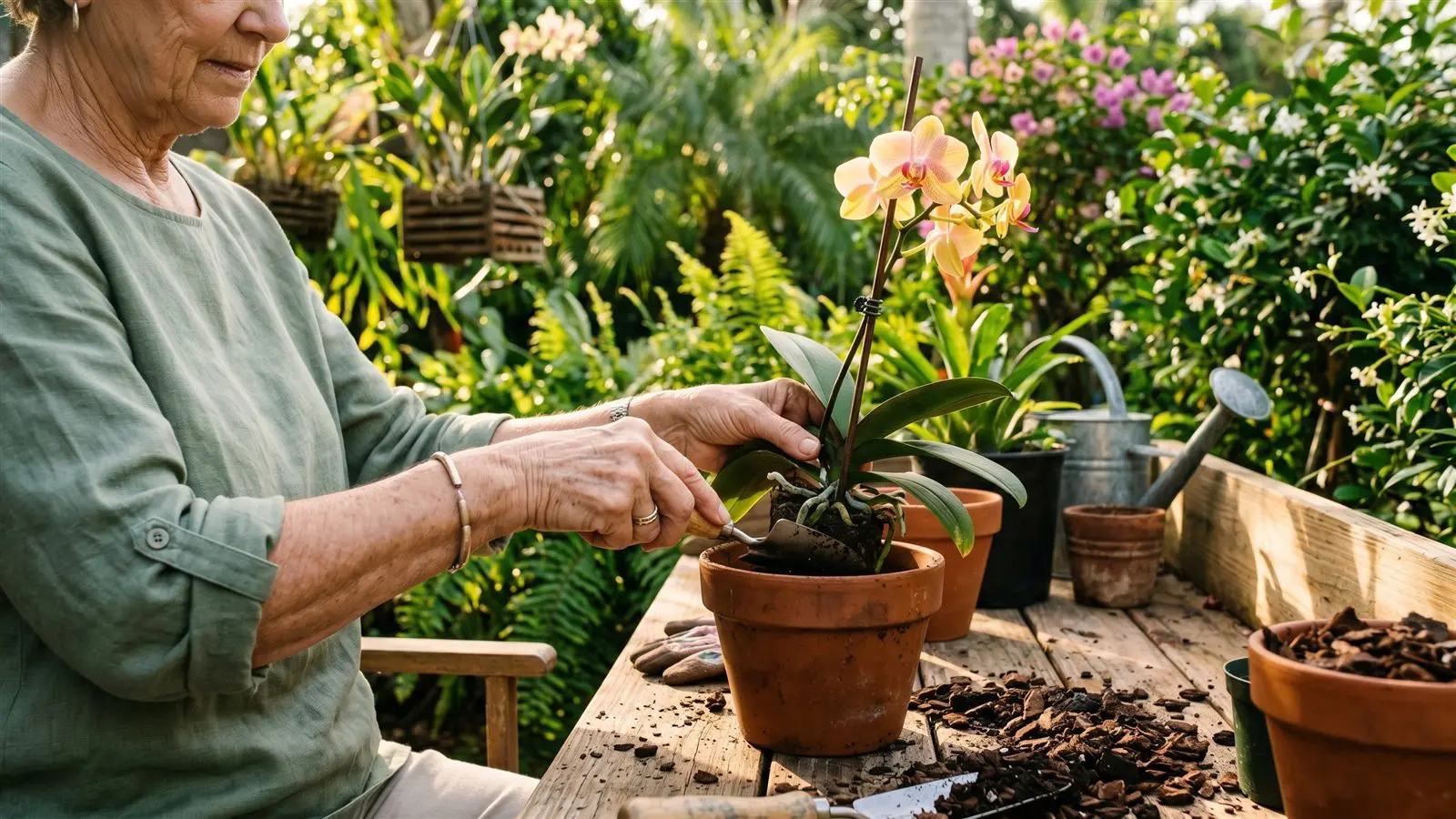 Close-up of capable senior hands repotting an orchid in warm morning light