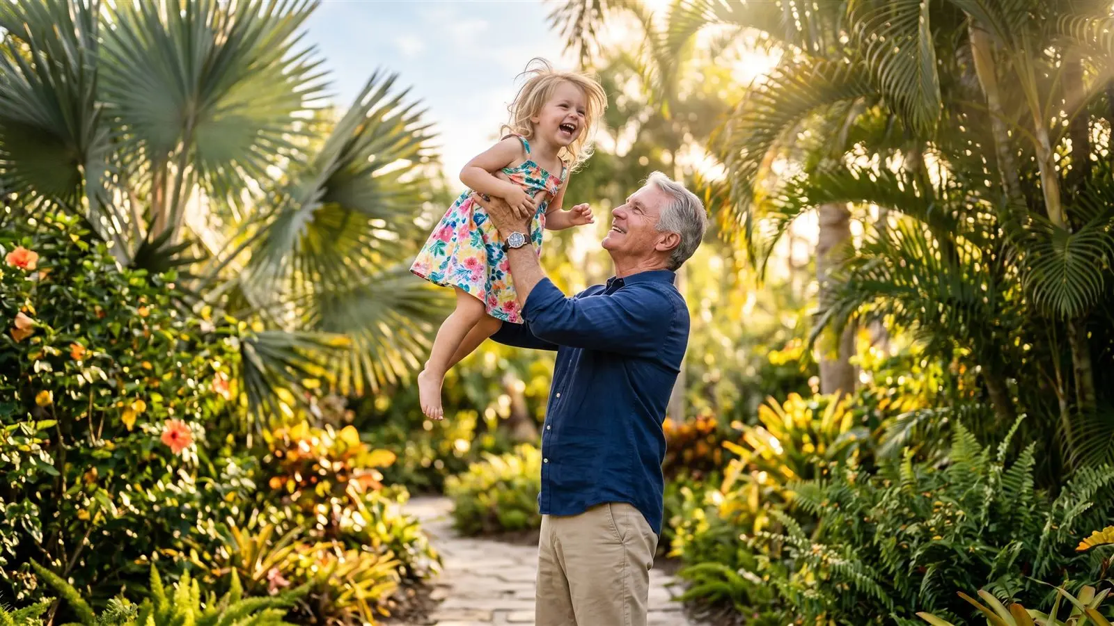Strong grandfather joyfully lifting his laughing grandchild overhead in a sunlit garden