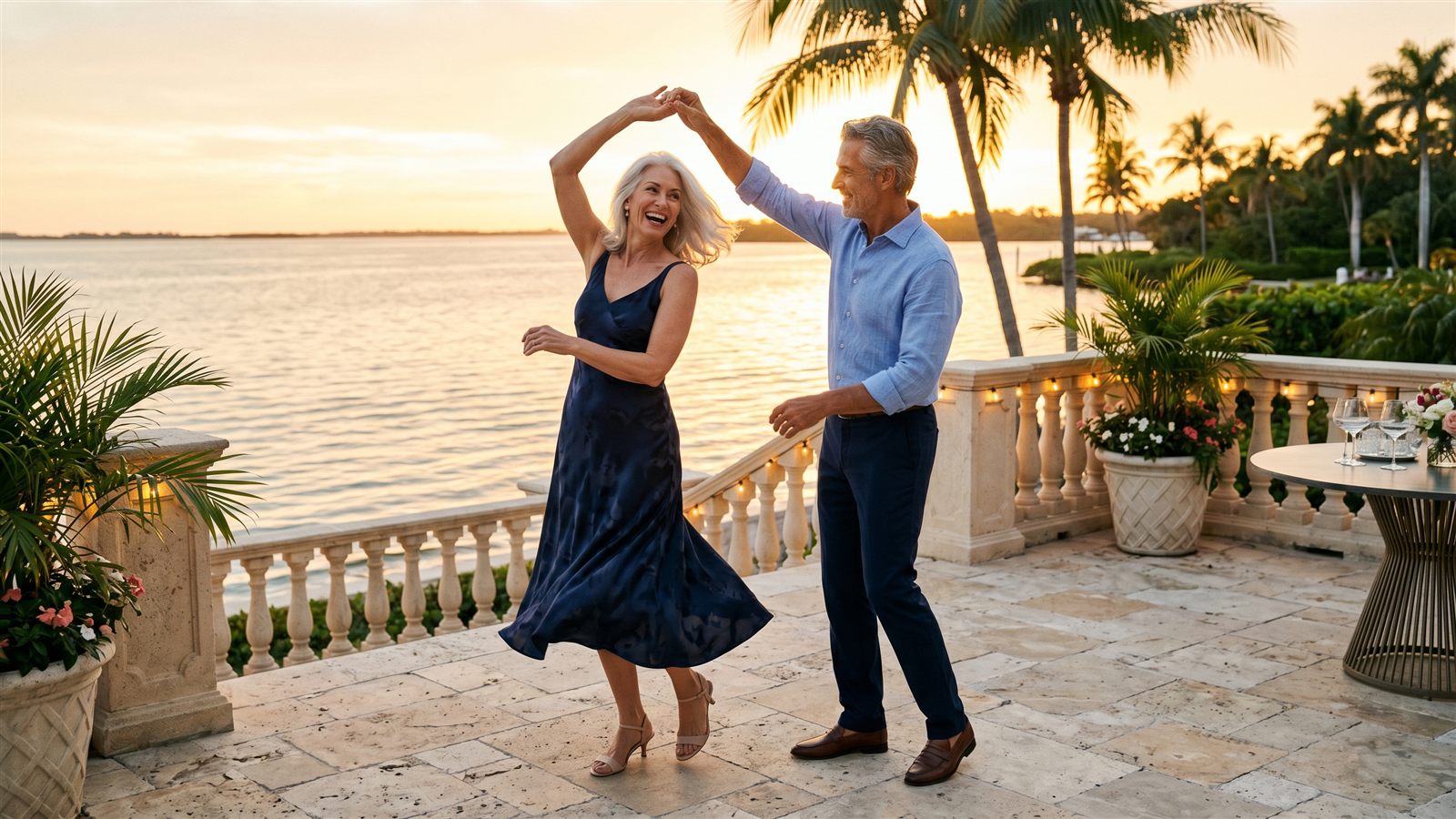 Elegant couple in their sixties dancing on a waterfront terrace at sunset