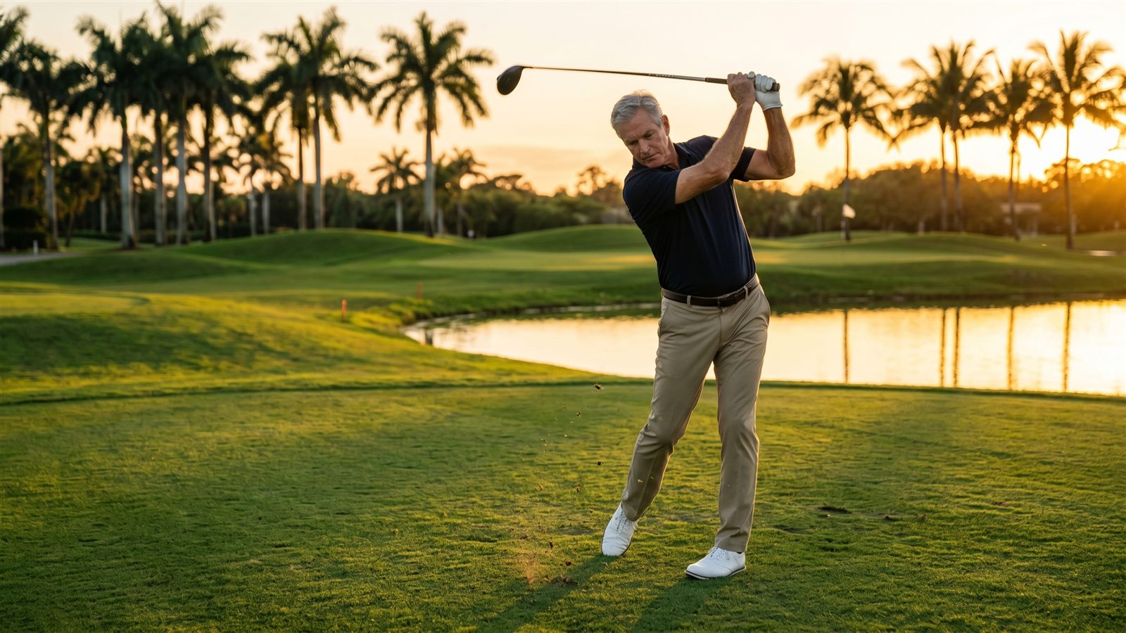 Fit man in his sixties mid golf swing on a Florida fairway at golden hour
