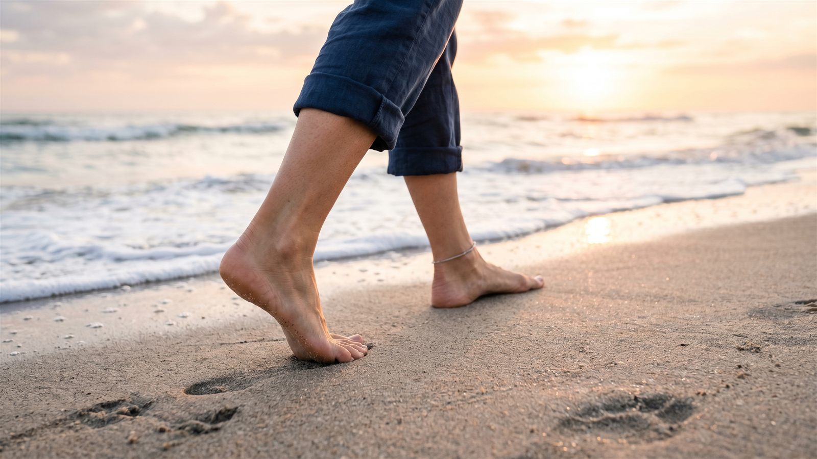 Healthy bare feet walking comfortably along firm sand at sunrise