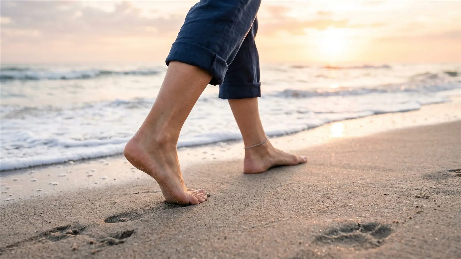 Healthy bare feet walking comfortably along firm sand at sunrise