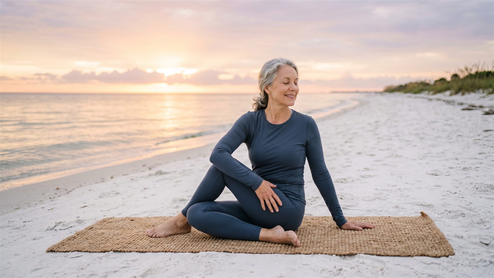 Woman doing a gentle seated yoga spinal twist on a quiet beach at sunrise