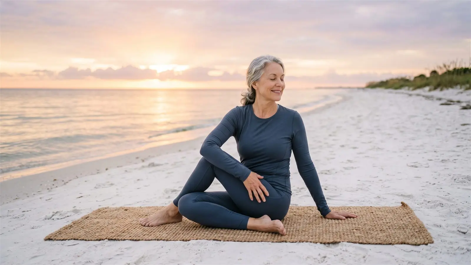 Woman doing a gentle seated yoga spinal twist on a quiet beach at sunrise