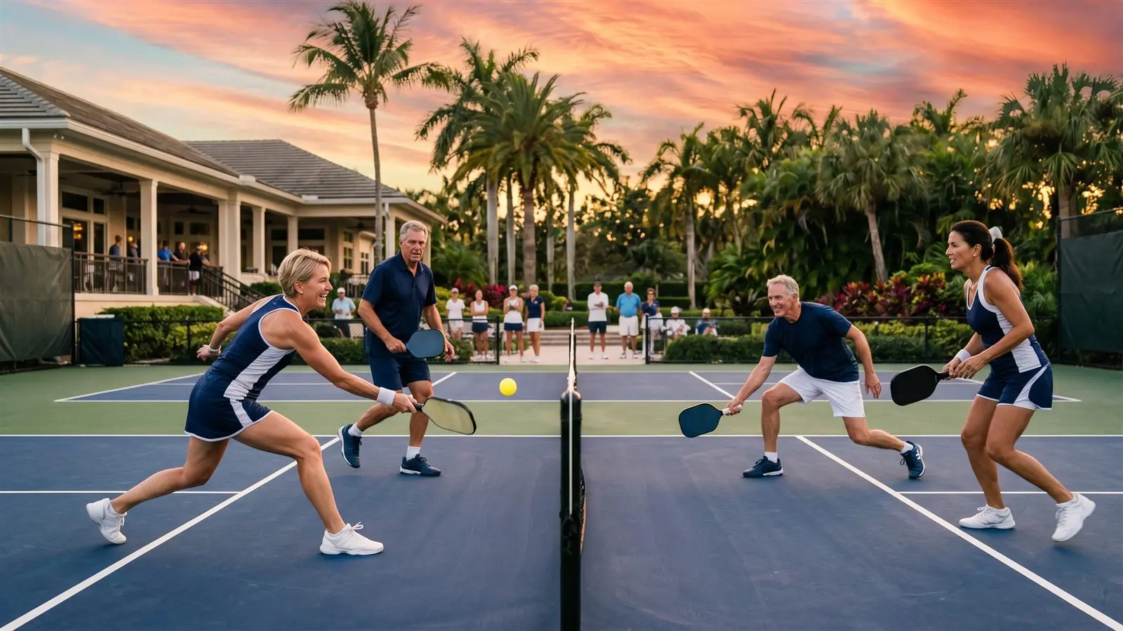 Four adults playing doubles pickleball mid-rally at a Florida club at golden hour