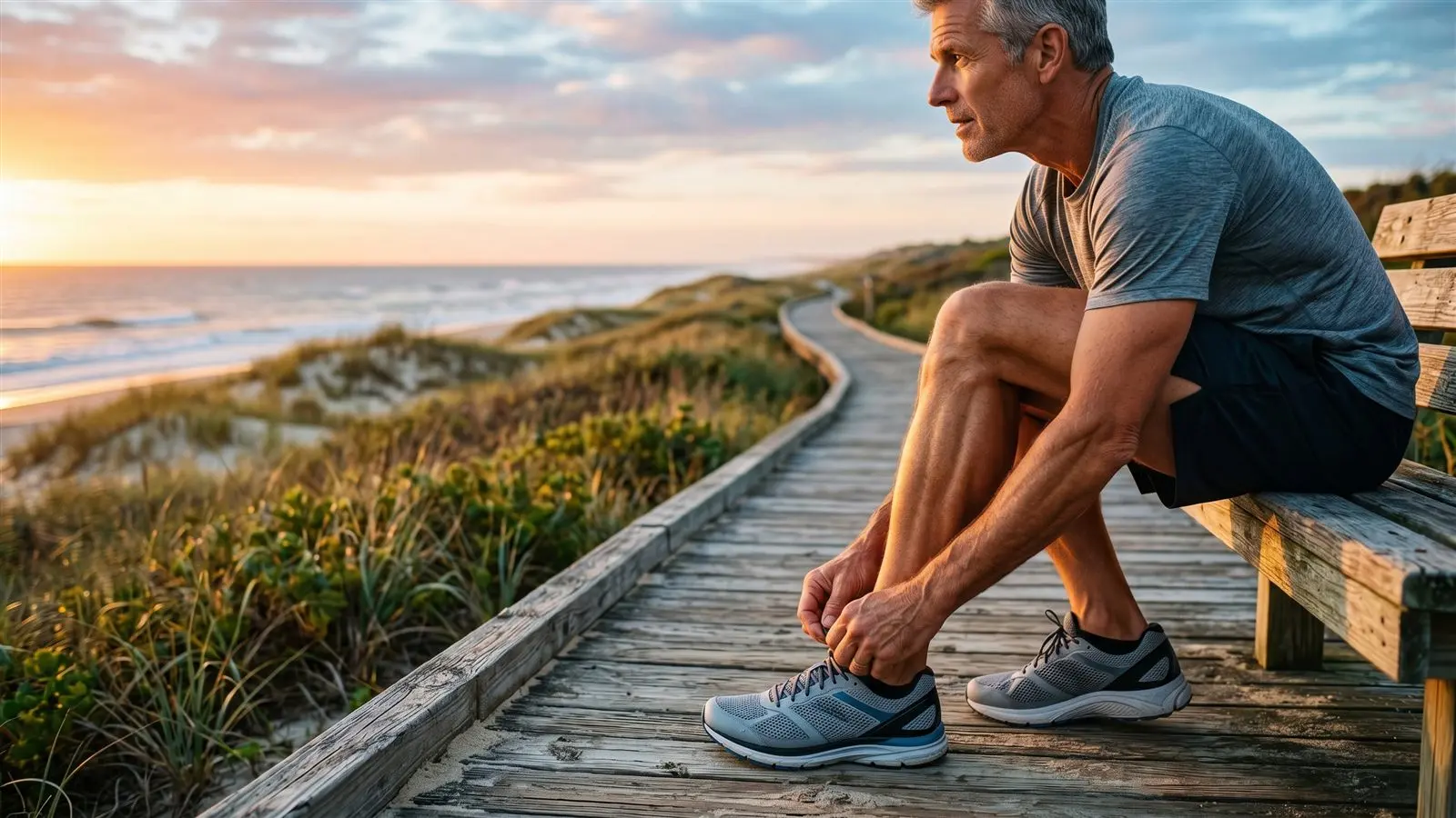Runner lacing up shoes on a coastal boardwalk at sunrise, Achilles in focus