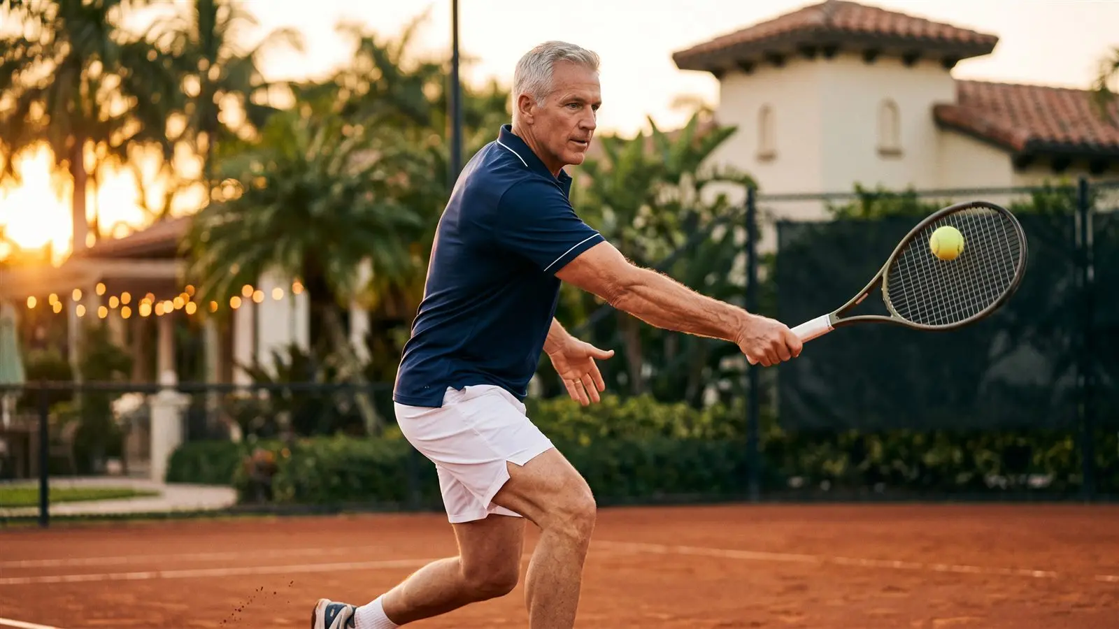 Fit man in his sixties hitting a powerful tennis backhand at golden hour