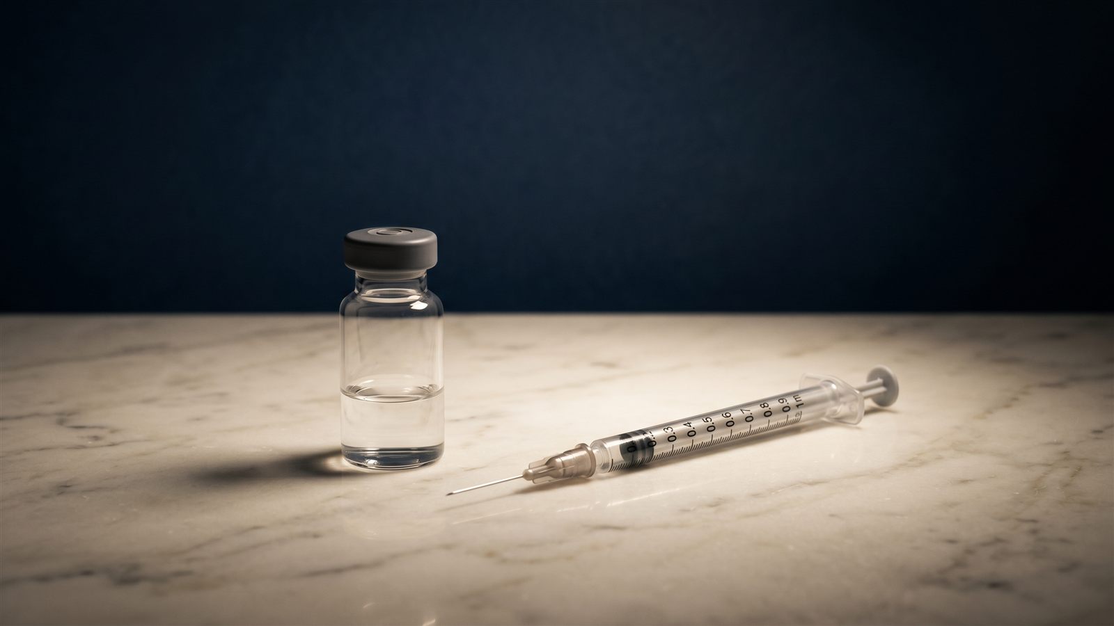 Minimalist still life of a medication vial and fine syringe on ivory marble