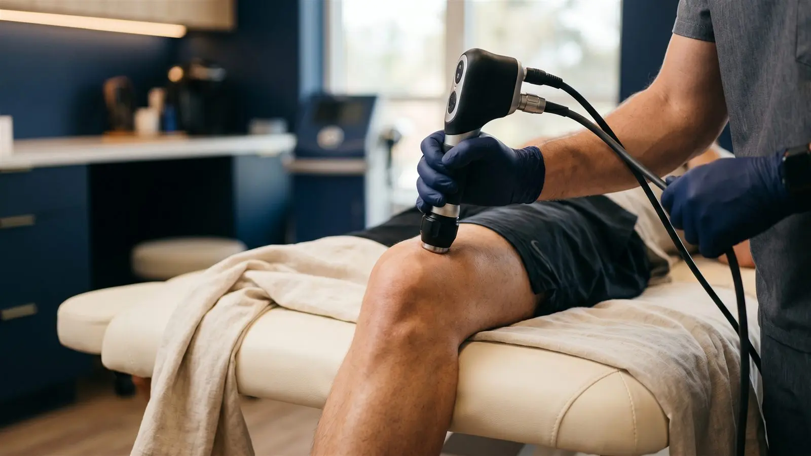 Clinician applying a handheld focused shockwave therapy device to a patient's knee
