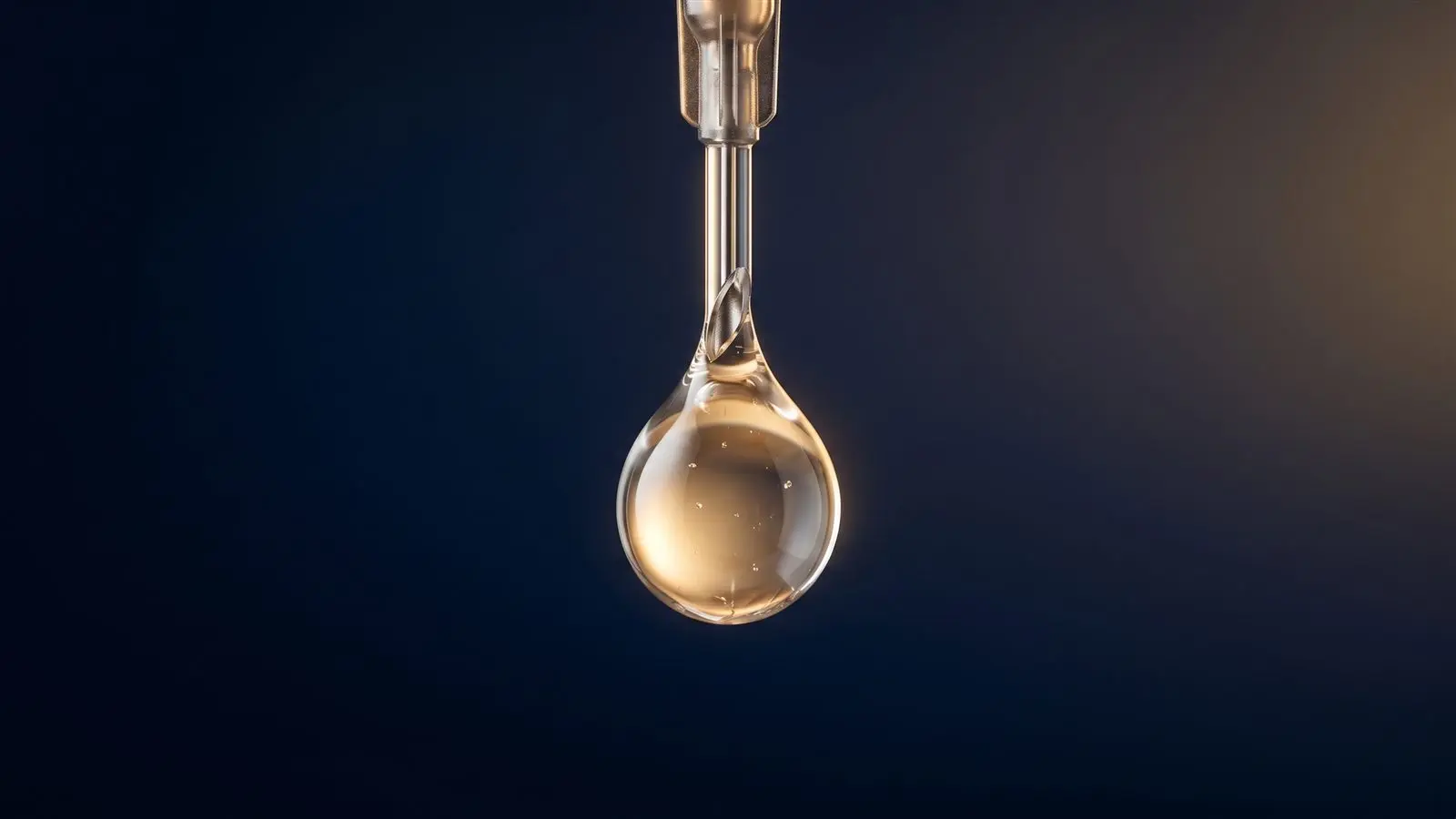 Clear hyaluronic acid gel droplet suspended from a syringe tip in golden light
