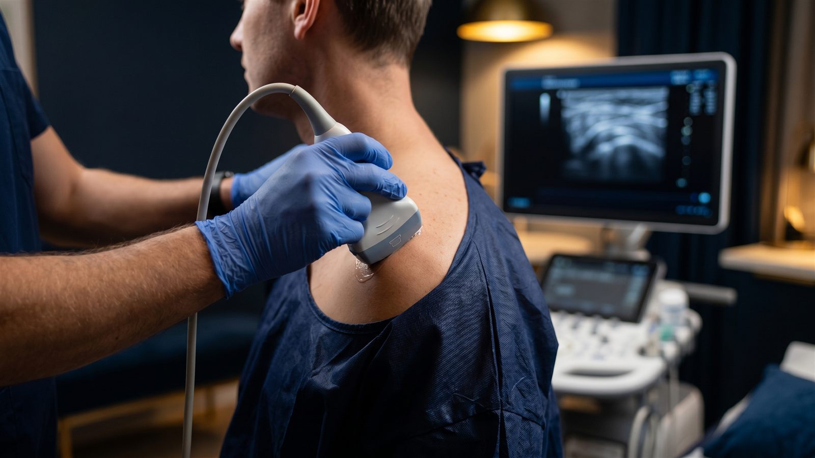 Ultrasound probe in use with the imaging screen glowing in a dim clinical room