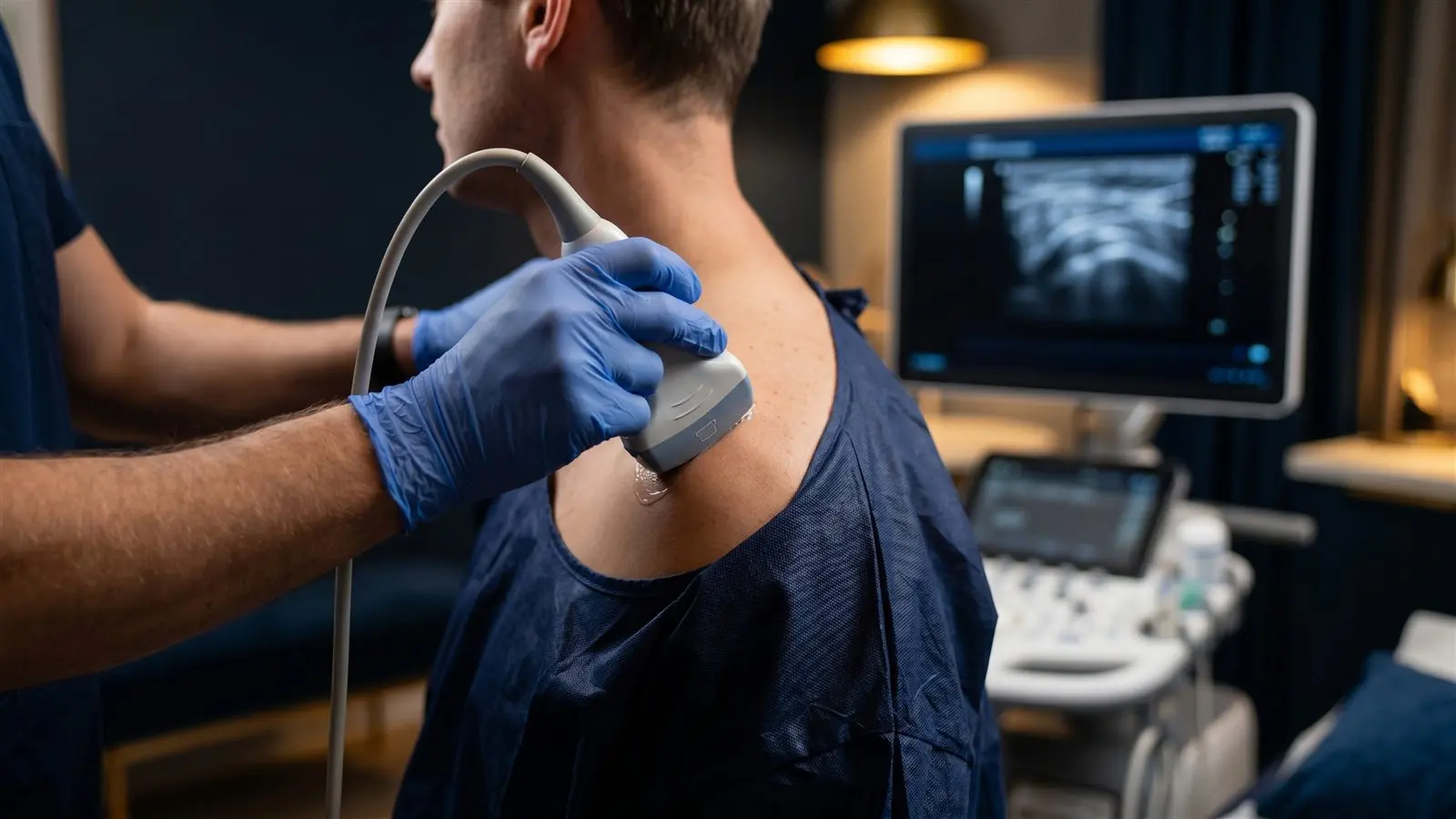 Ultrasound probe in use with the imaging screen glowing in a dim clinical room