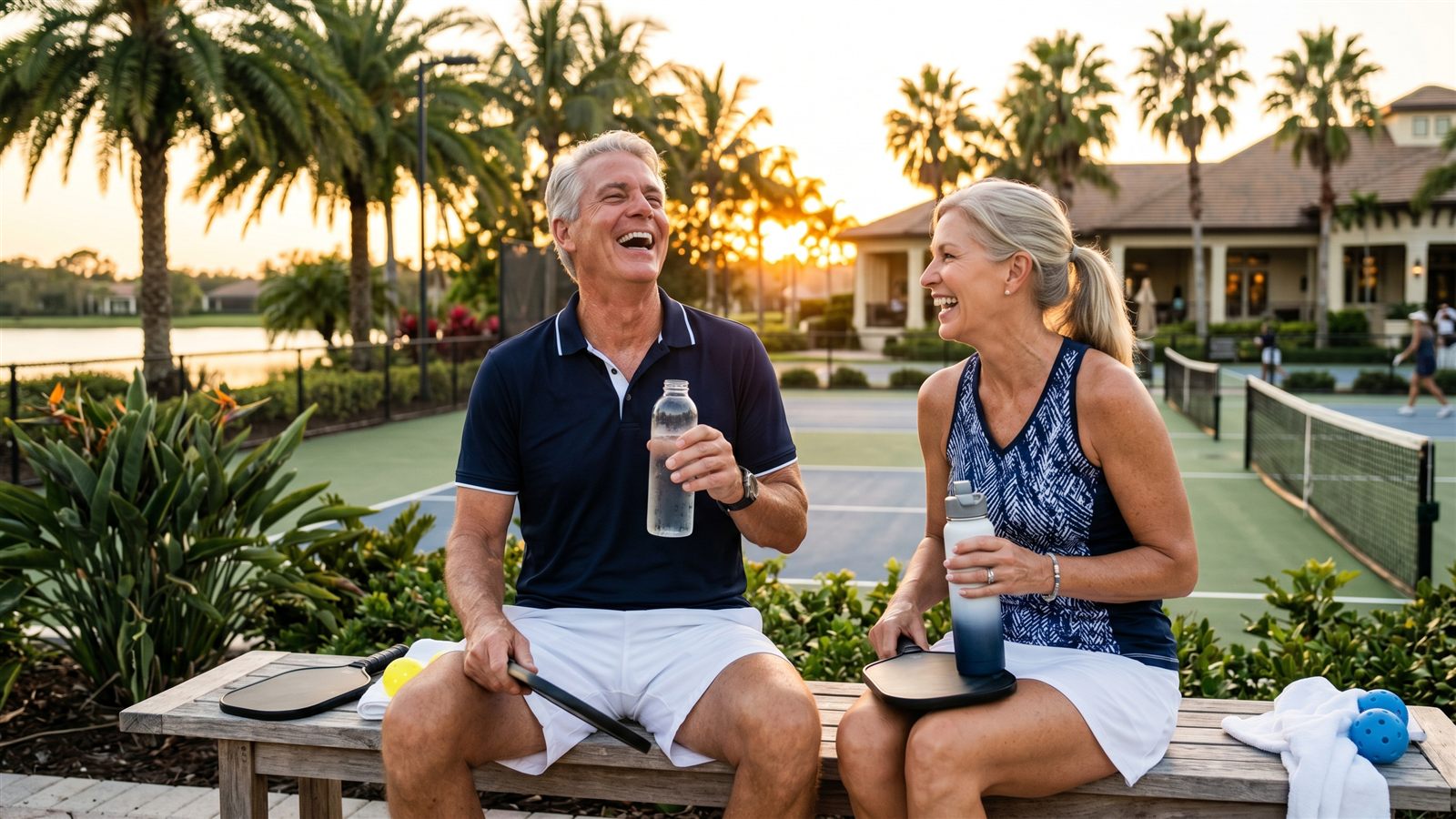 Two active adults laughing courtside after a pickleball match at golden hour