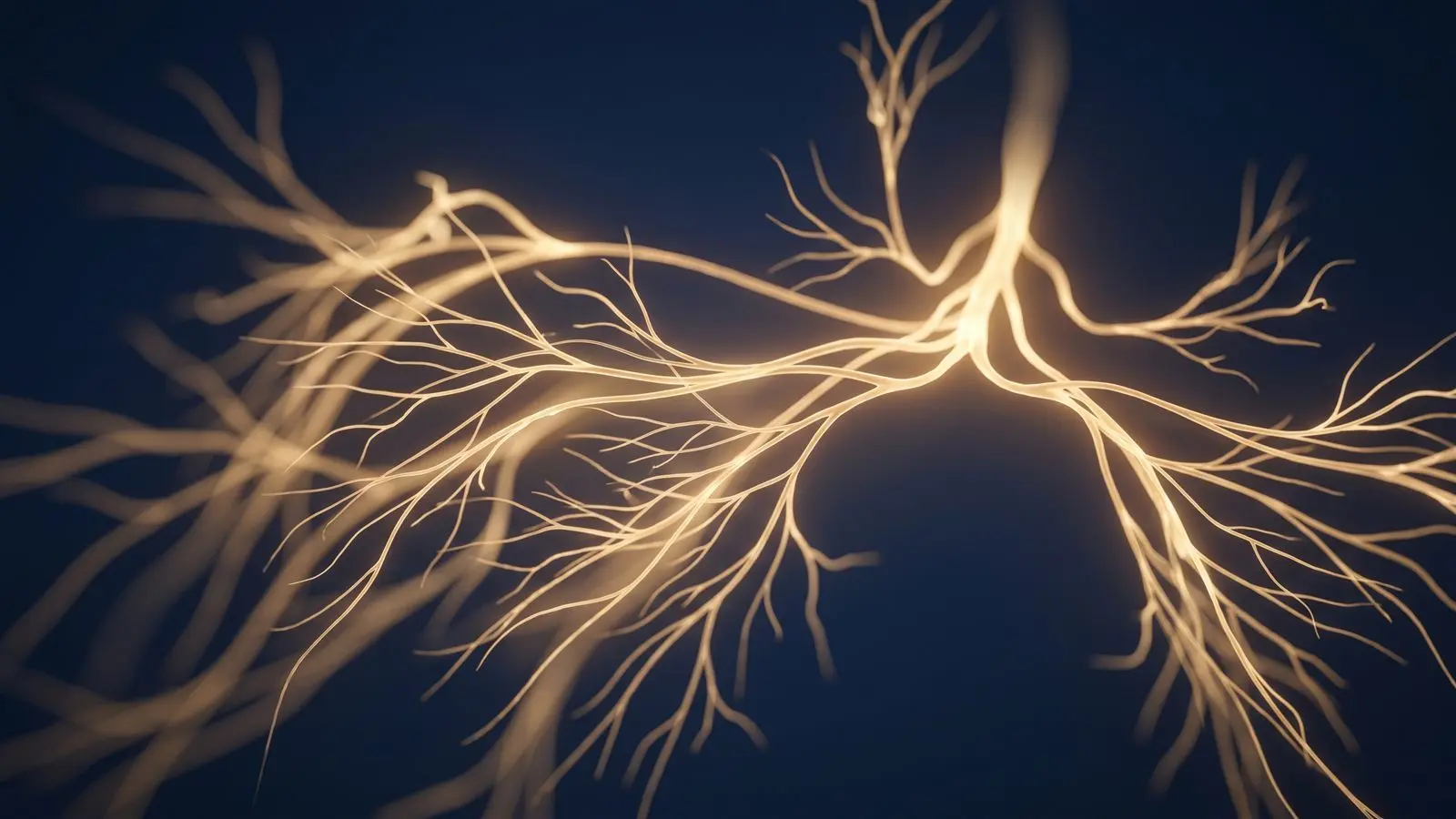 Elegant golden visualization of branching nerve pathways on a deep navy background