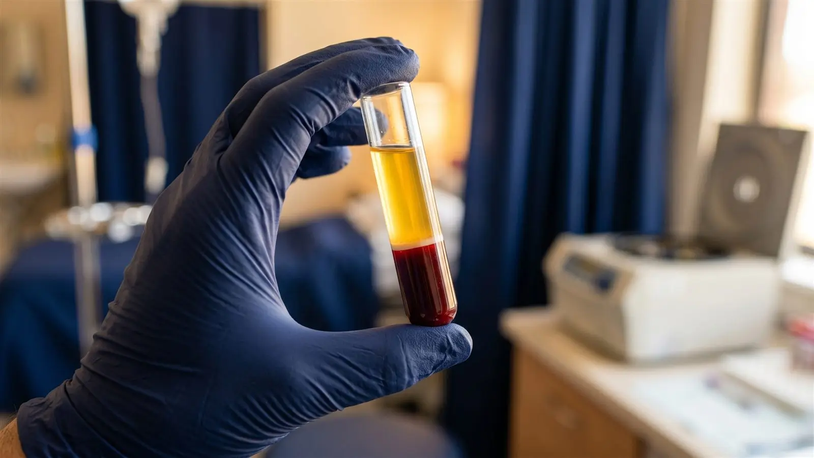 Centrifuge tube showing the separated golden platelet-rich plasma layer