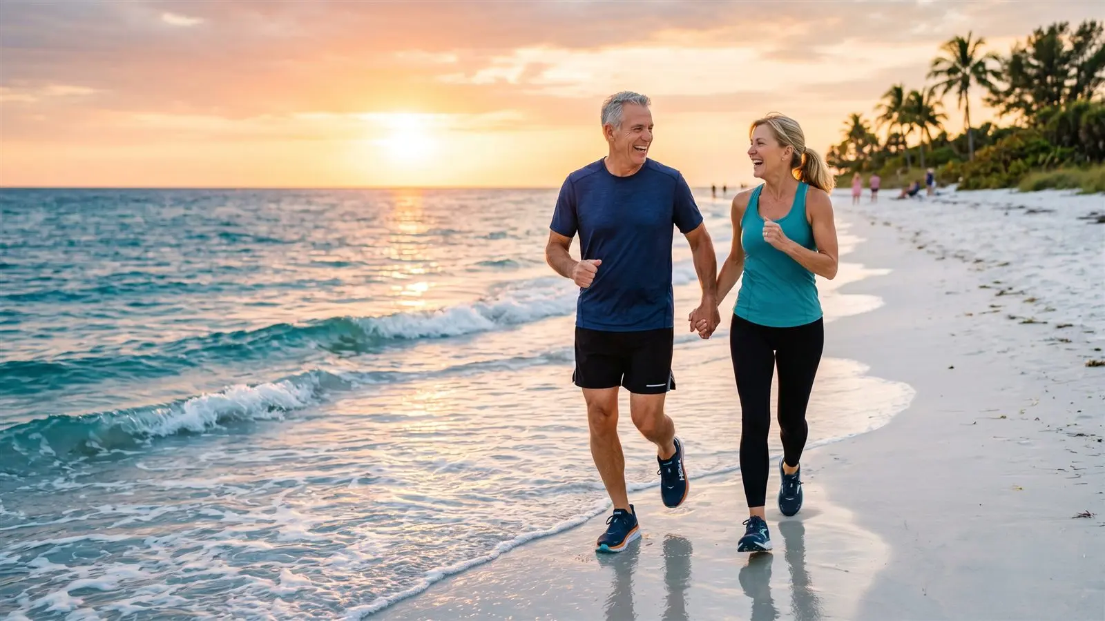 Active couple in their sixties power-walking the Florida shoreline at golden hour