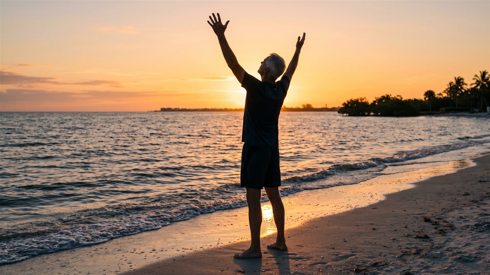 Athletic man standing tall on the beach at sunrise, stretching his back pain-free