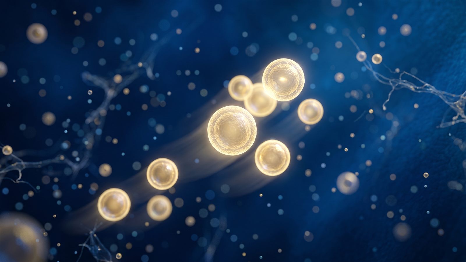 Artistic visualization of golden exosome vesicles drifting in deep blue fluid