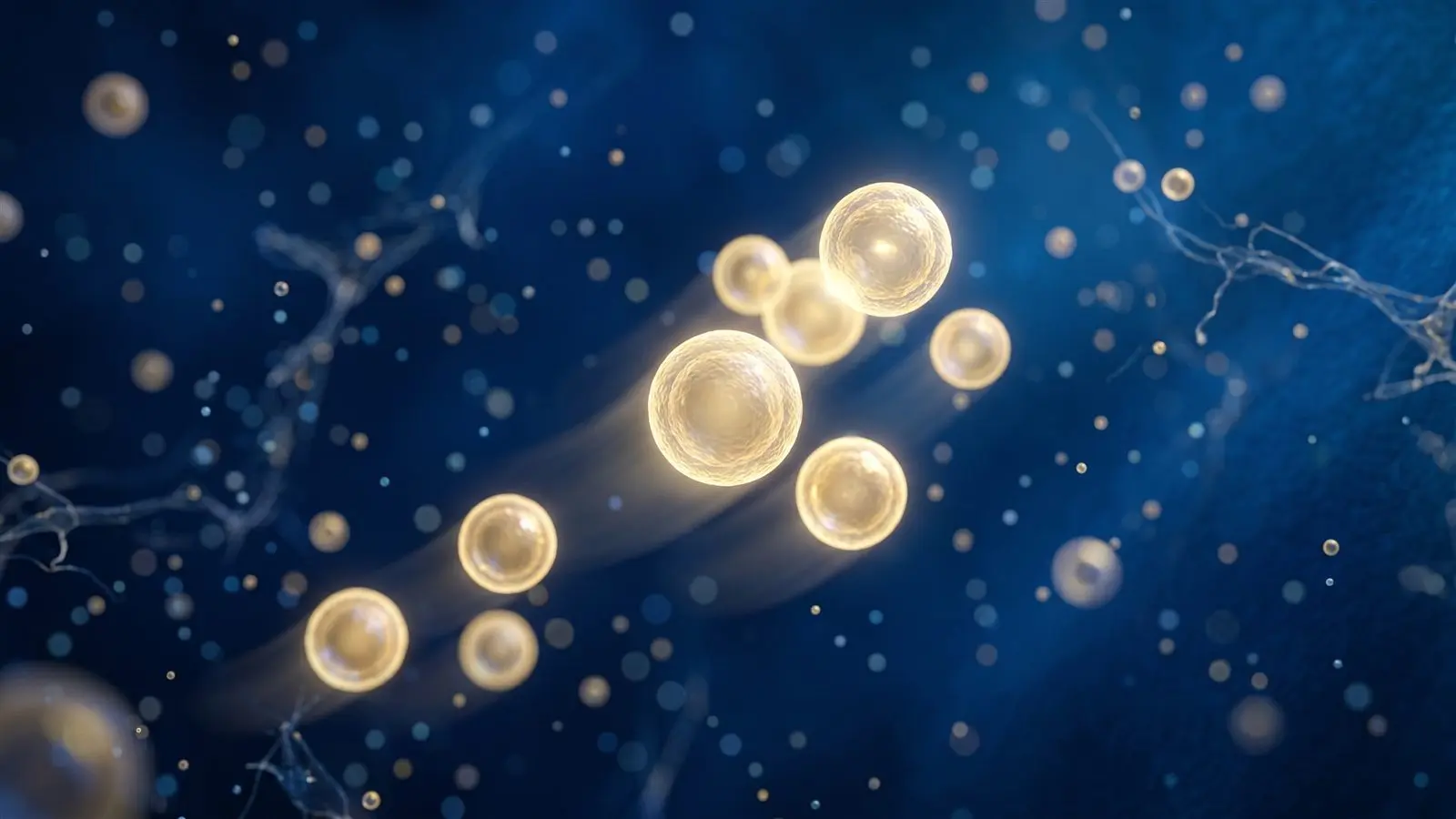 Artistic visualization of golden exosome vesicles drifting in deep blue fluid