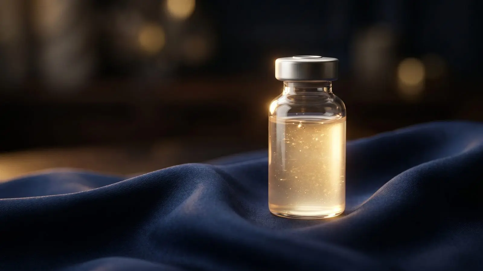 Glass vial of pale-gold biologic serum resting on navy silk