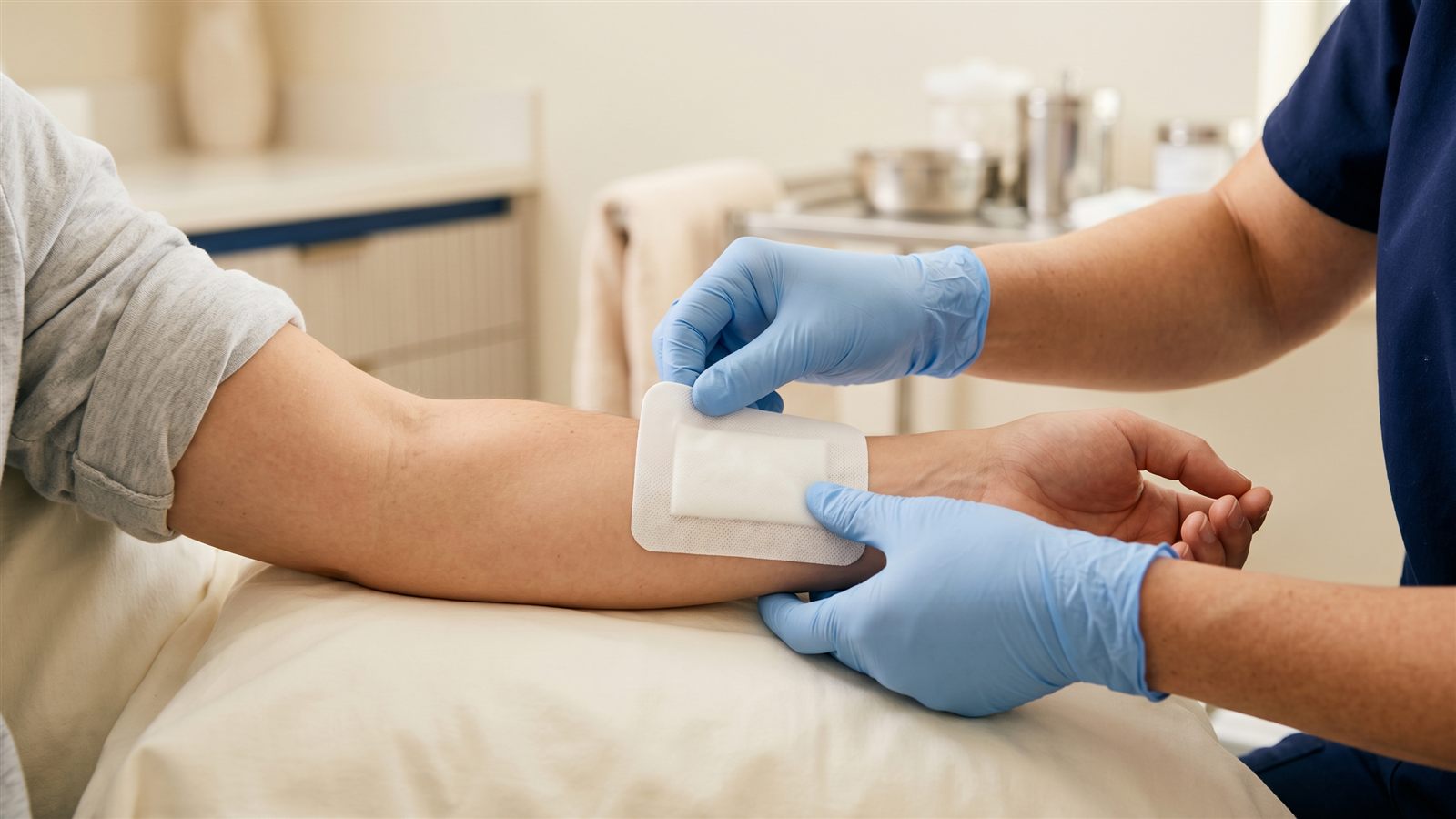 Clinician's gloved hands gently applying a clean dressing to a patient's forearm